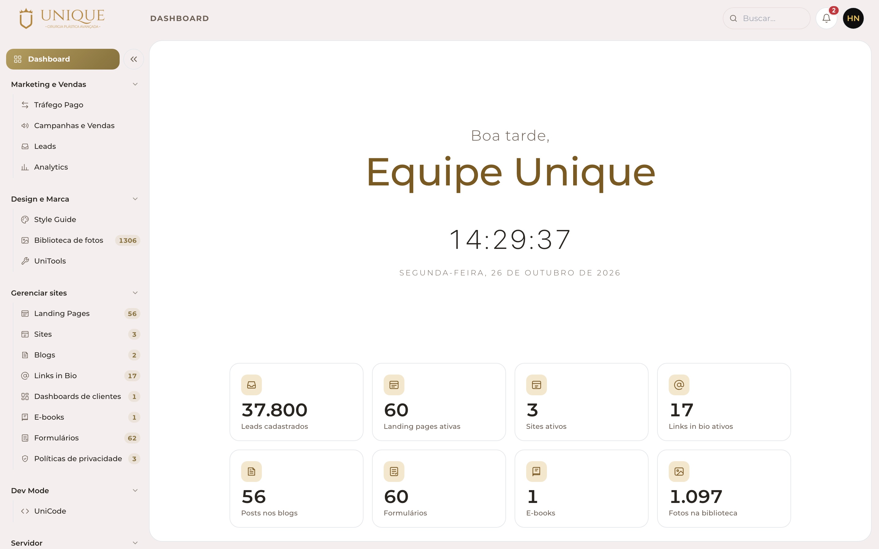 Dashboard do Workspace da Unique com menu lateral, saudação à equipe e cartões de leads, landing pages, sites e links in bio