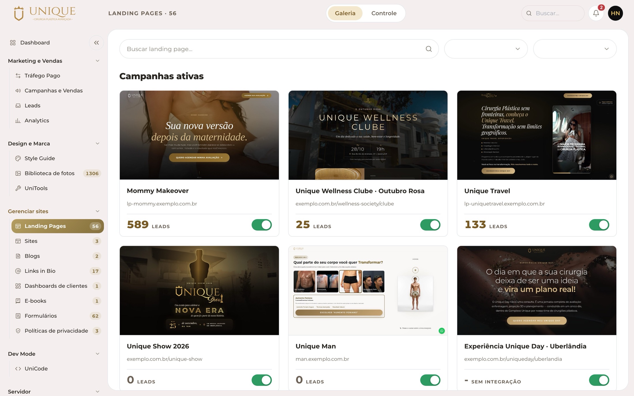 Galeria de landing pages no Workspace
